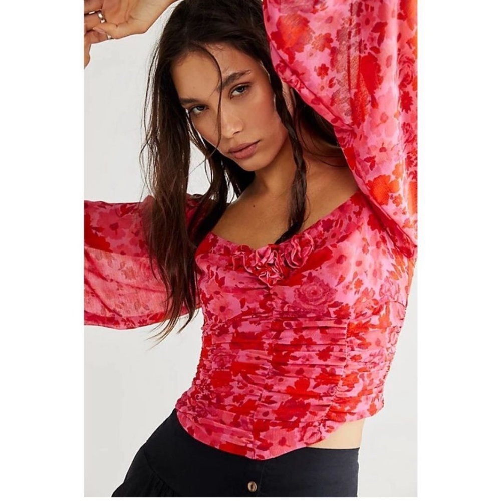 NWT Free People Oh Lala Top Pink Floral 3D Rosette Chiffon Blouse XS